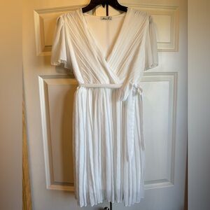 Miss J Pleated White Tie-Waist Midi Dress - Size L/XL